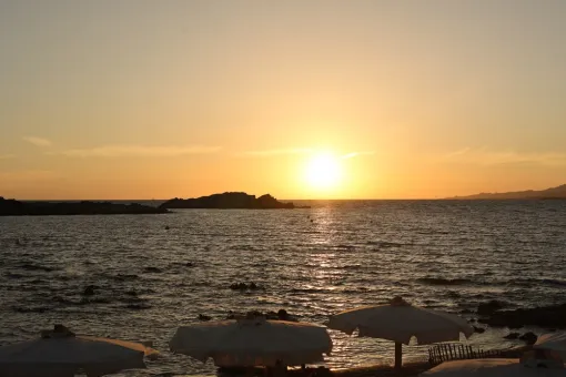 Restaurant avec une cuisine méditerranéenne en terrasse avec coucher du soleil à Bonifacio, Bonifacio, Le Goéland Beach