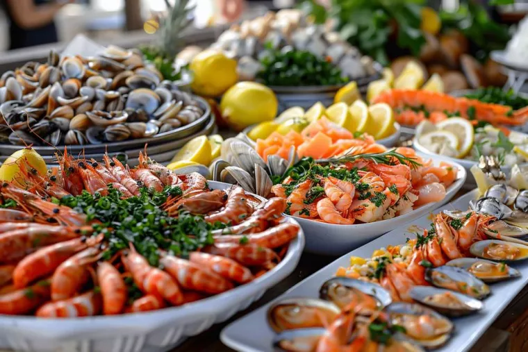 Faire appel à un service de traiteur pour un buffet froid avec des fruits de mer et crustacés, Bonifacio, Le Goéland Beach
